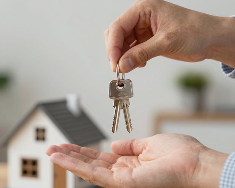 A person handing over house keys to a new homeowner with a model home in the background.