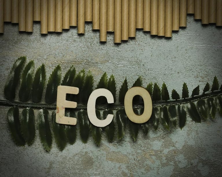 décoration avec du bois et une feuille, avec le mot : eco