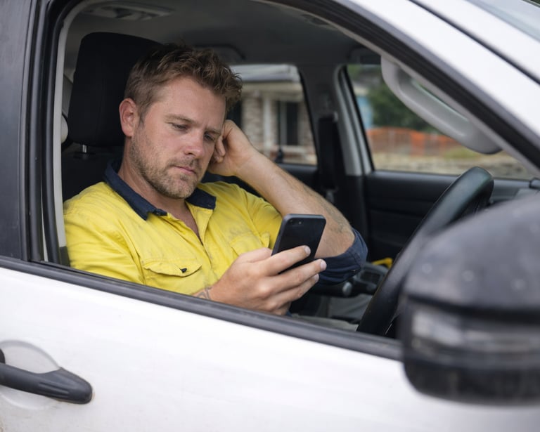 Tradie using ServiceM8 job management in work ute