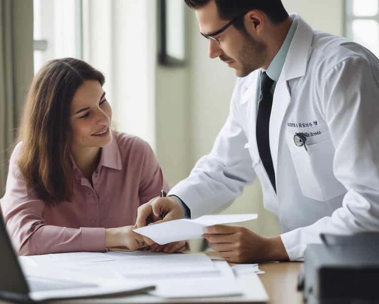 A friendly notary assisting a client with mortgage papers in a bright room.