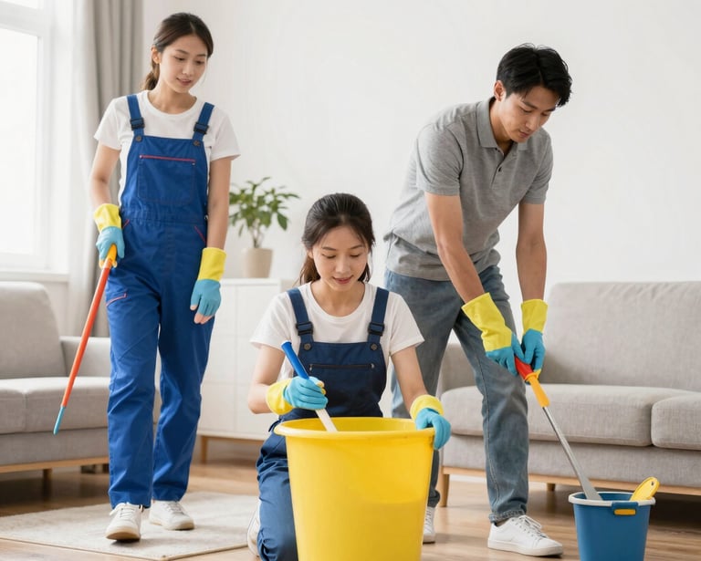 Housekeeping staff cleaning a modern office lobby.