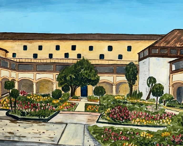 Original acrylic painting of the hospital courtyard in Arles, France, where Van Gogh stayed