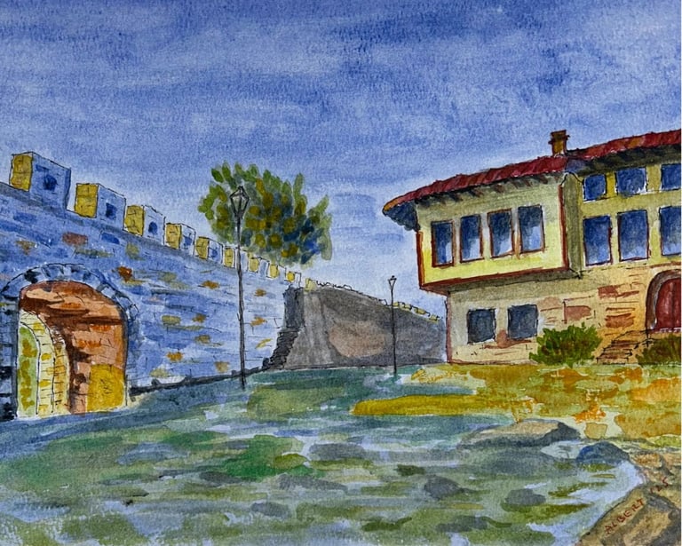 Original painting depicting the hillside Castle of Berat with clustered historic structures.