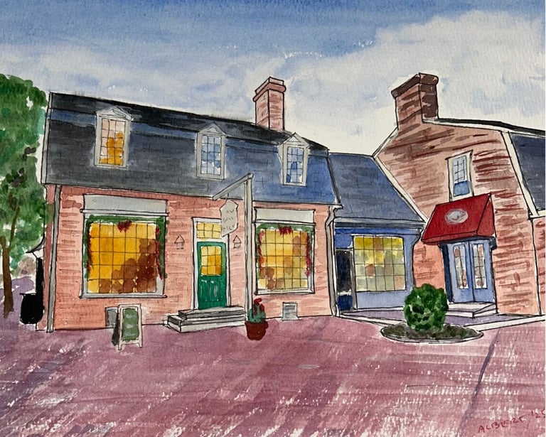 Original watercolor painting of Colonial Williamsburg at Christmas, showing historic building