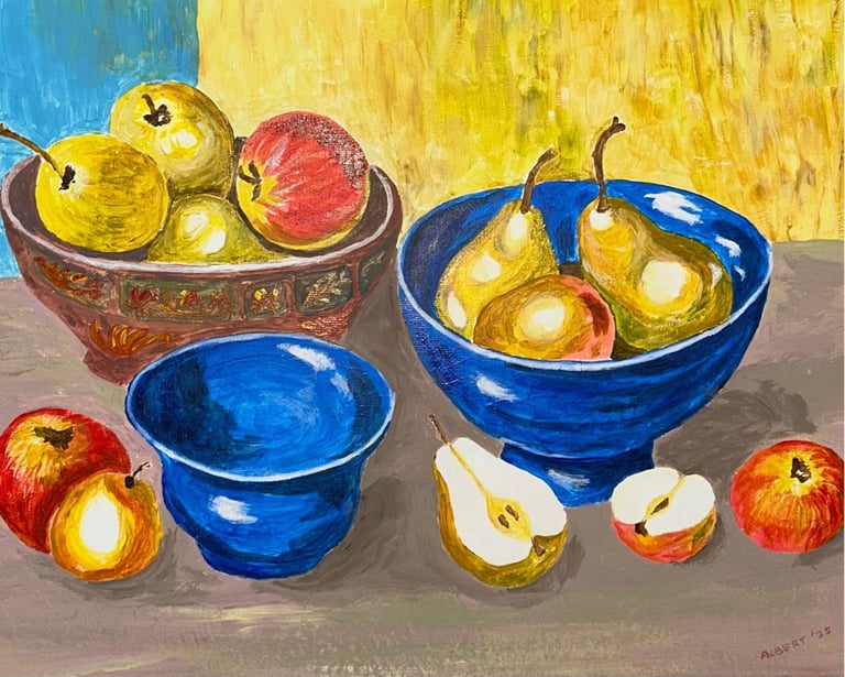 Original painting depicting colorful ceramic vessels and fruit arranged in a still life.