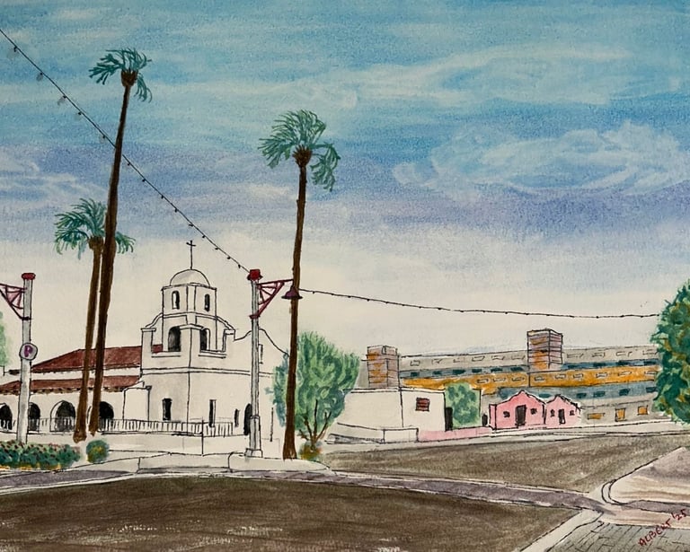 Original watercolor painting depicting a quiet desert street intersection in Scottsdale, AZ 