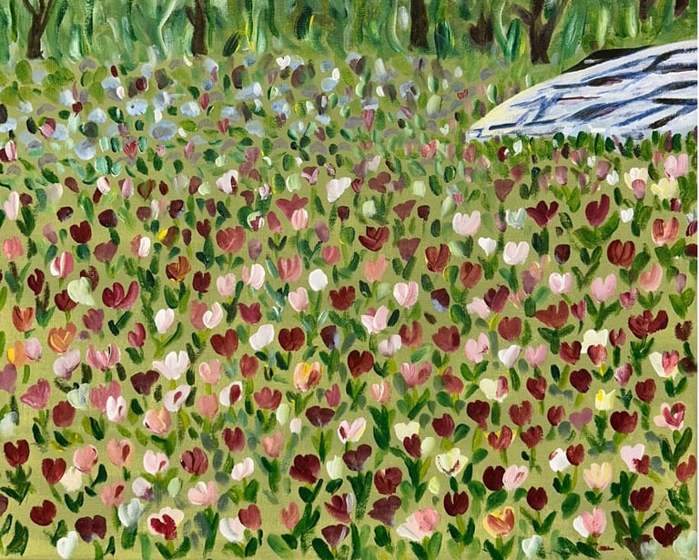 Original painting depicting a floral arrangement set in New York City's Central Park.