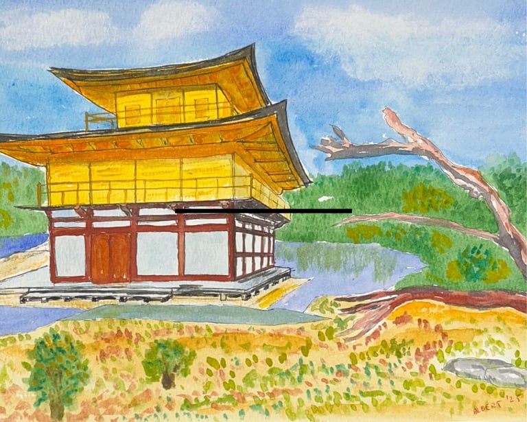Original painting depicting the Golden Pavilion reflected in calm water within a landscaped setting.