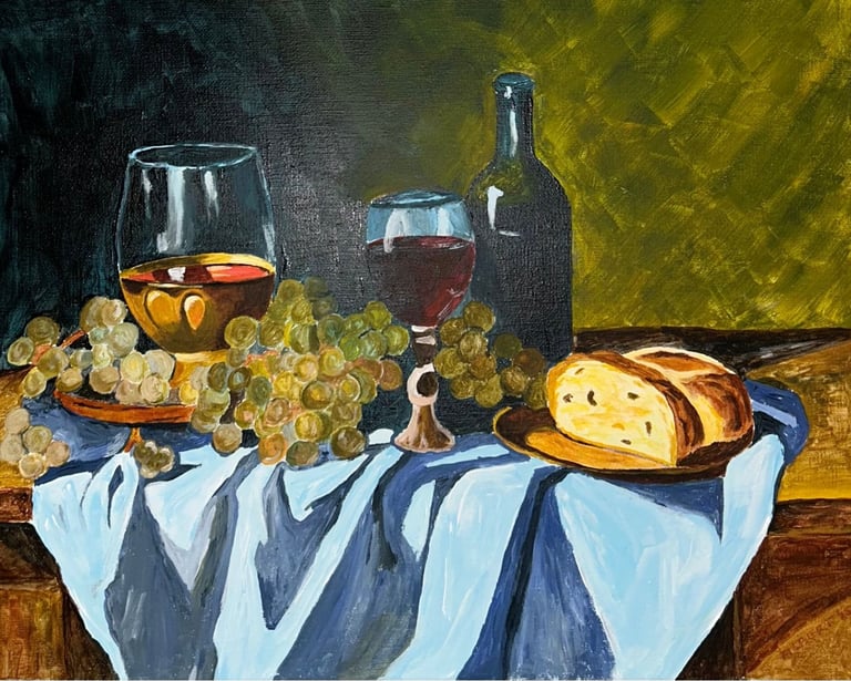 Original painting depicting grapes, bread, and a bottle arranged on a tabletop.