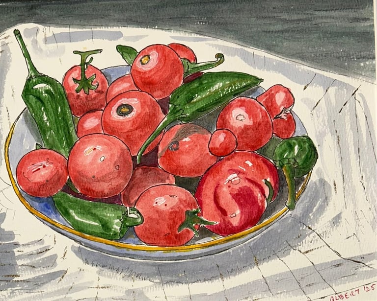 Original watercolor still life painting of tomatoes and peppers in a bowl, celebrating summer.