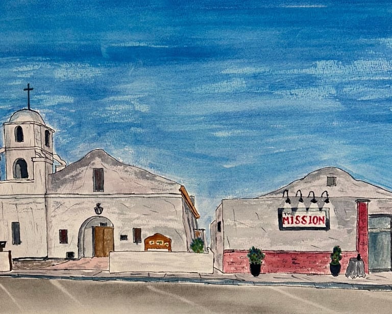 Original watercolor painting of historic mission-style façade with bell tower in Scottsdale, AZ