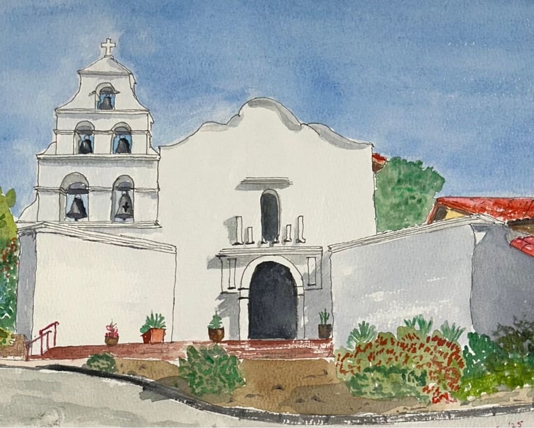 Original watercolor painting of Mission San Diego, showing Spanish-style mission architecture