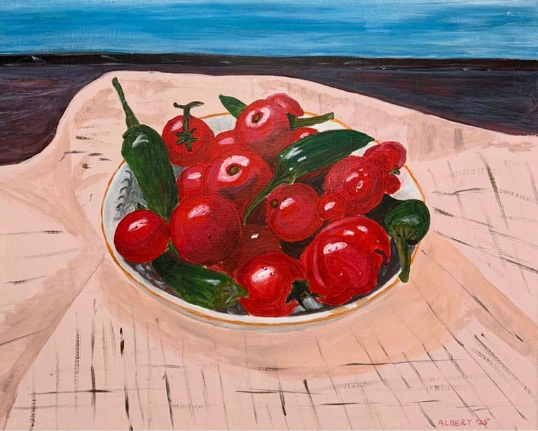Original painting depicting an arrangement of tomatoes and peppers in a still life composition.