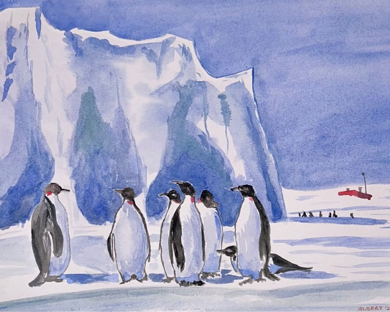 Original painting depicting a small group of penguins standing together in an icy landscape.