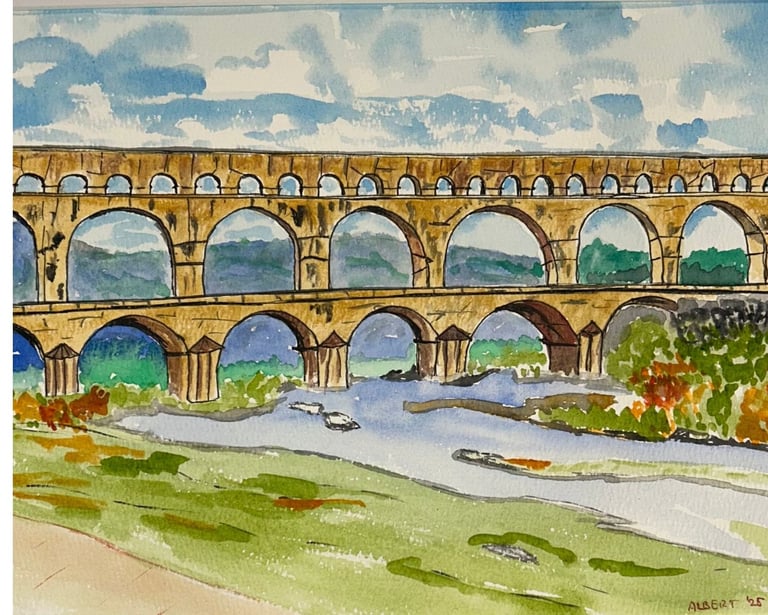 Original painting depicting the Pont du Gard aqueduct spanning a river landscape.