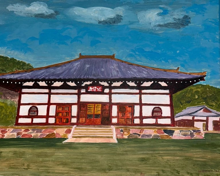 Original watercolor painting depicting Tenryu-ji Temple in Kyoto, traditional Japanese architecture