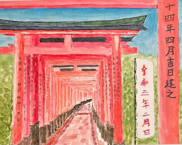 Original painting depicting a pathway lined with torii gates receding into the distance.