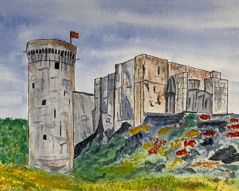 Original watercolor painting depicting William the Conqueror castle in Normandy, France