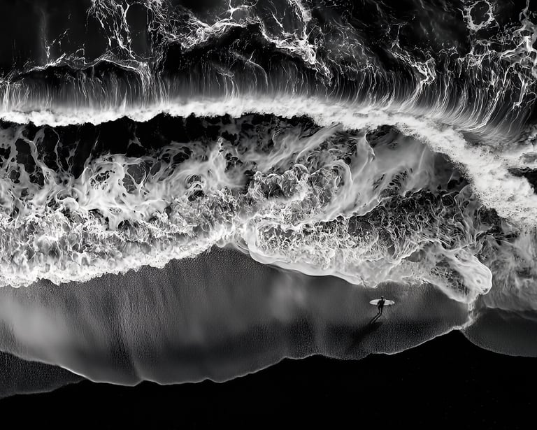 Photographie aérienne drone d'un surfeur dans l'océan Atlantique, tirage unique 1/1 par Enzo Minardi