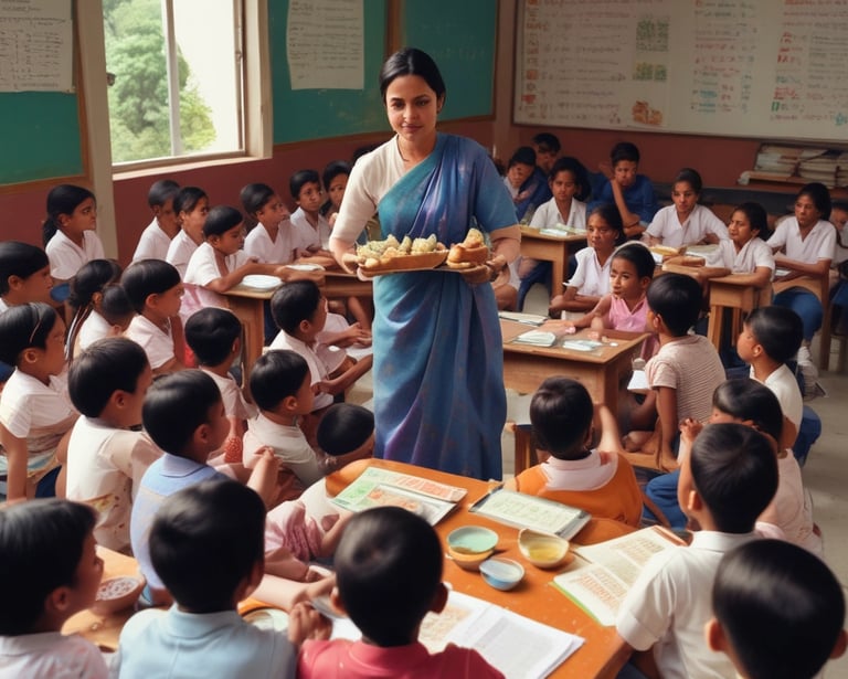 A person wearing a dark red T-shirt with the words 'EAT WELL LIVE WELL' printed in light blue stands at a counter. The person is facing away from the camera. The setting appears to be a casual indoor environment, possibly a food establishment, with two other people in conversation in the background. A point-of-sale terminal is visible on the counter.
