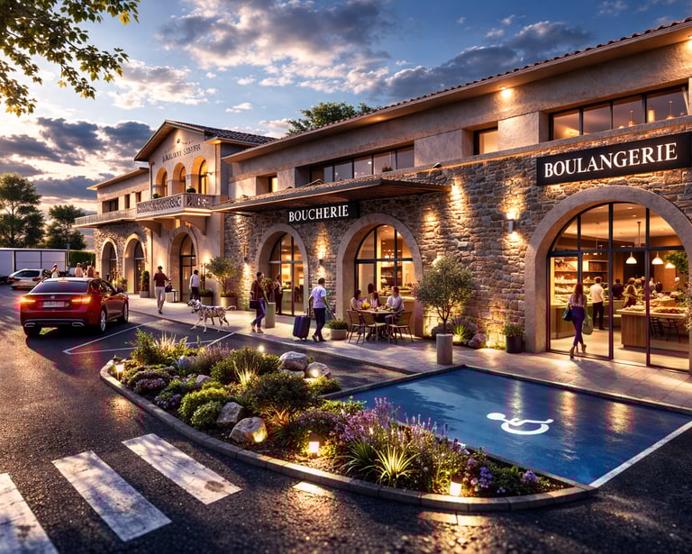 Charming French village shopping center at sunset featuring a stone boulangerie and bouchery with outdoor seating.