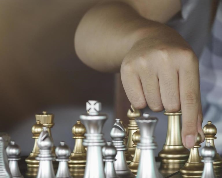 A chess student is moving chess pieces on a chess board for tactics training