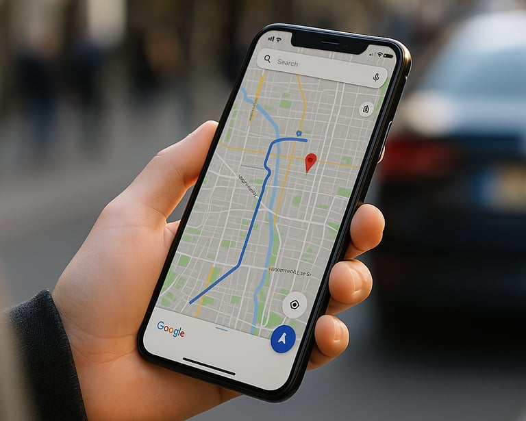 Person holding smartphone with vehicle tracking map app for GPS monitoring and route safety.