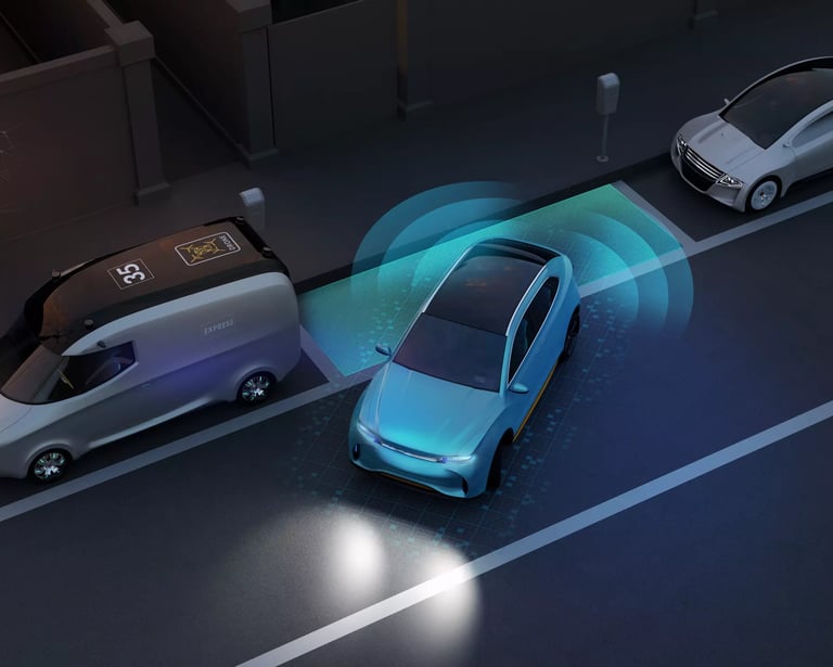 Car using reversing camera and parking sensors with visual detection lines for safe parking