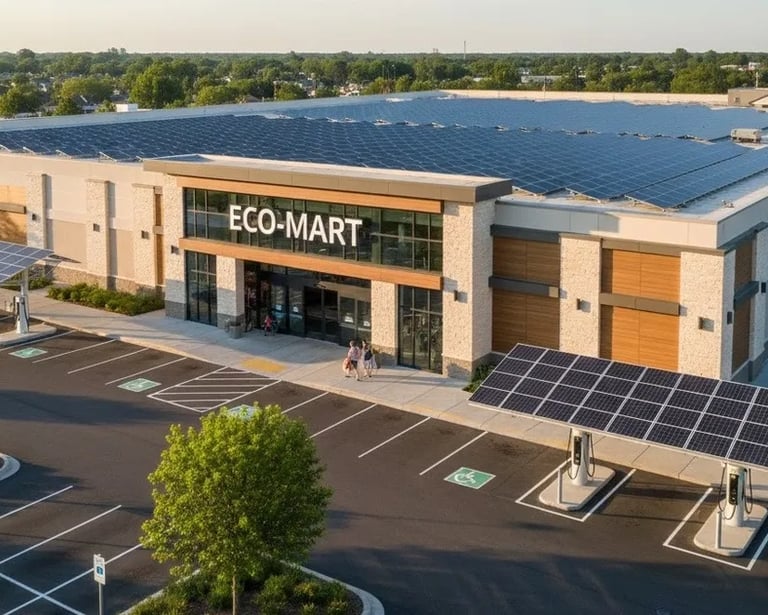 Fotografía desde arriba de un centro comercial que tiene en su techo paneles solares para industrias retail.