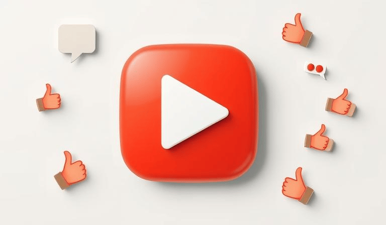 Picture a play button icon with little speech bubbles and thumbs-up symbols surrounding it.