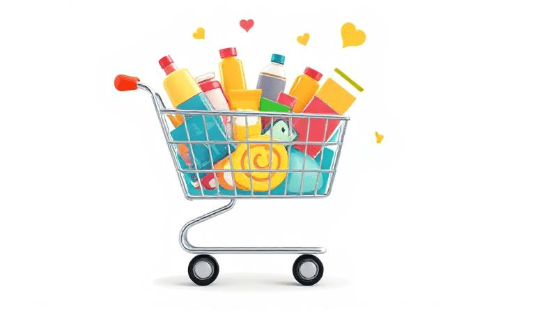 Visualize a shopping cart icon overflowing with happy little products.