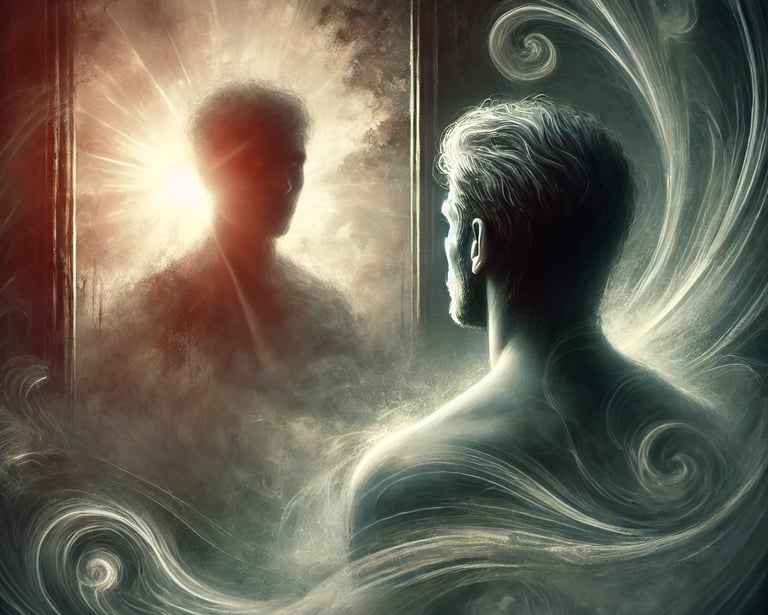 illustration abstraite d'un homme qui rregarde l'ancienne version de lui même à travers un miroir r