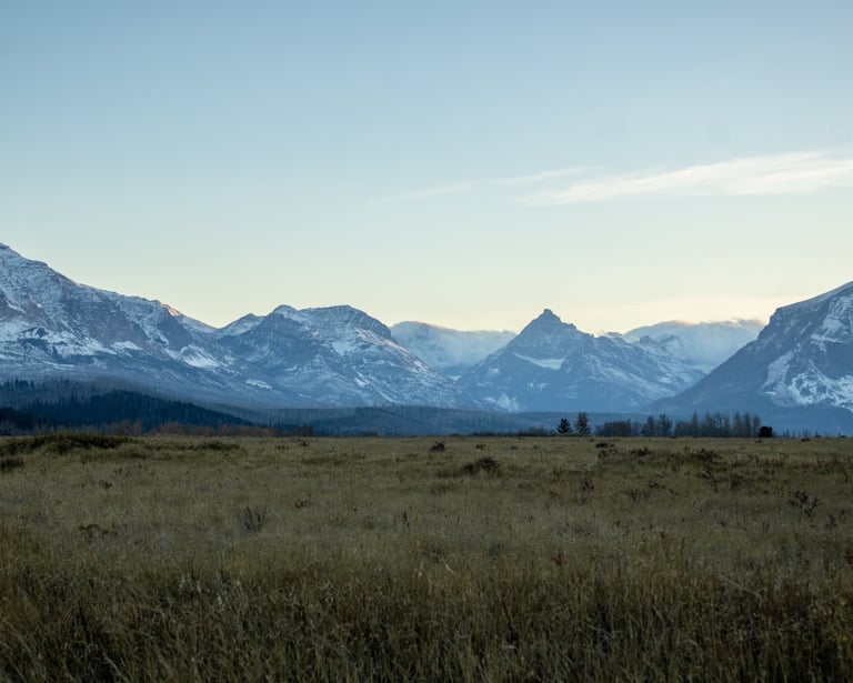 a field with mountains in the background, Glacier National Park
