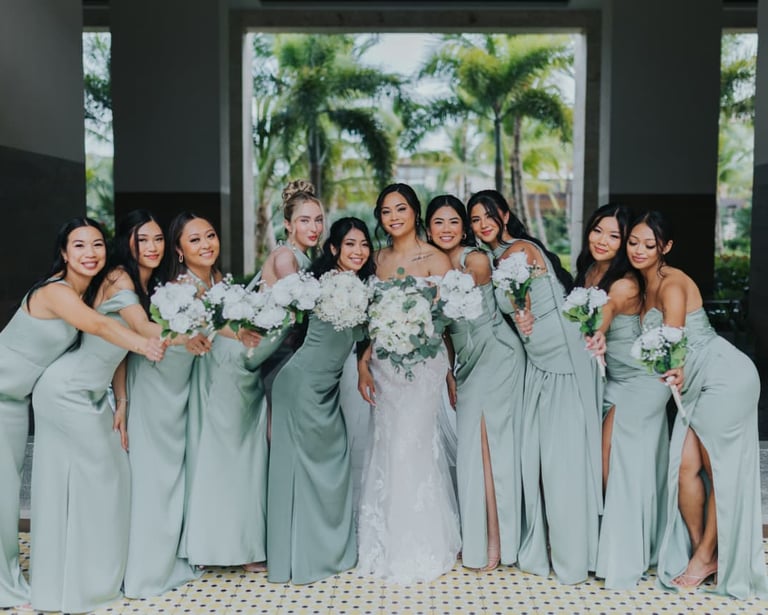 Bride with bridesmaids after hair and makeup at a Punta Cana wedding resort