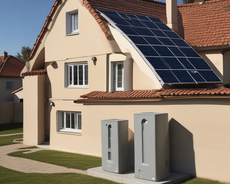 Rows of solar panels are arranged in a diagonal pattern across a green field. The panels are uniformly spaced and cover a large area, emphasizing renewable energy and sustainability.