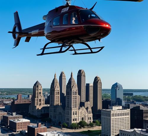 a helicopter flying over a city with a helicopter