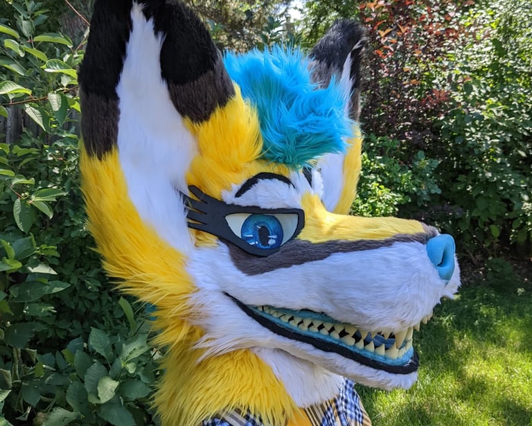 A yellow coyote fursuit featuring a full jaw set of silicone teeth and big ears as well as glow in the dark parts From Teto