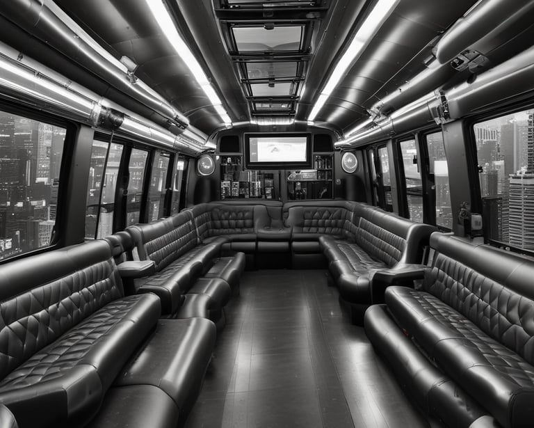 Two large orange tour buses are parked on a paved area surrounded by greenery. The buses have prominent designs on the front and are marked with names like 'Young Guns'. Lush trees and plants can be seen around the area, creating a vivid contrast with the buses.