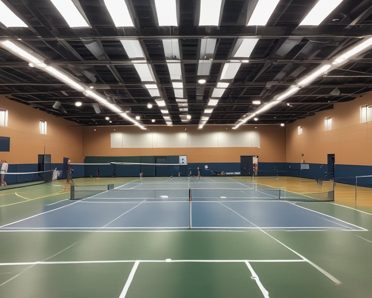 An overhead view of two adjacent blue tennis or paddle courts with a slightly worn surface. The courts are separated by fencing and have white lines marking the play areas. Surrounded by grass and tiles, the setting suggests an outdoor sports complex.