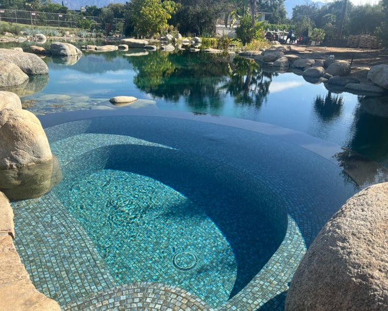 Natural swimming pool with integrated soaking tubs and biological plant filtration in Malibu, CA.