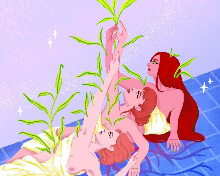 three women laying on each other, rooting on the floor, growing leaves in their bodies.