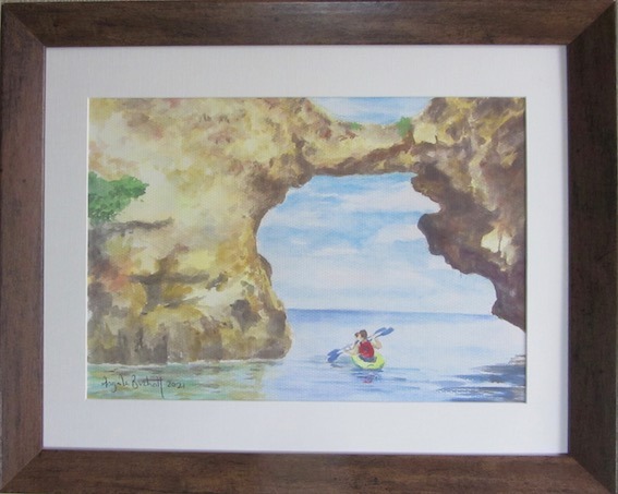 Watercolour painting by Angela Birchall of 2 canoeists paddling through cove called "Fairy Grotto"