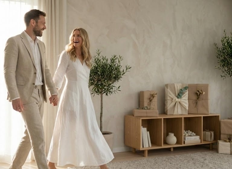 een bruidspaar lopen in een ruimte met cadeaus