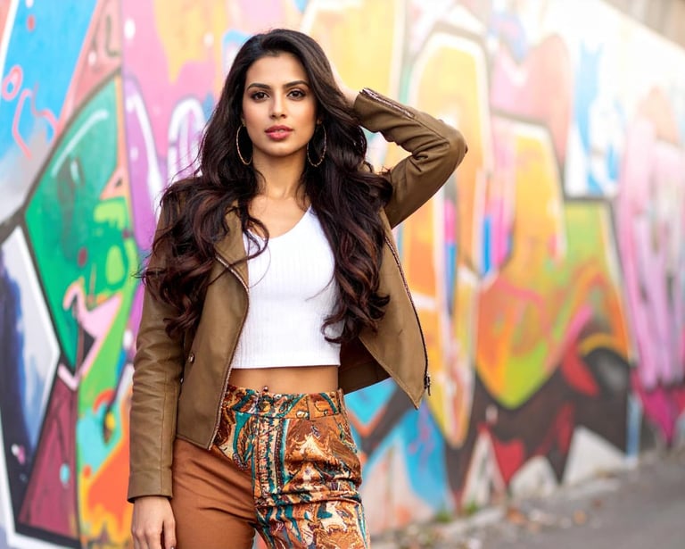 a woman in a white top and brown pants