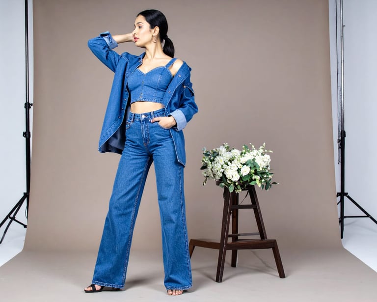 a woman in a blue top and jeans jeans