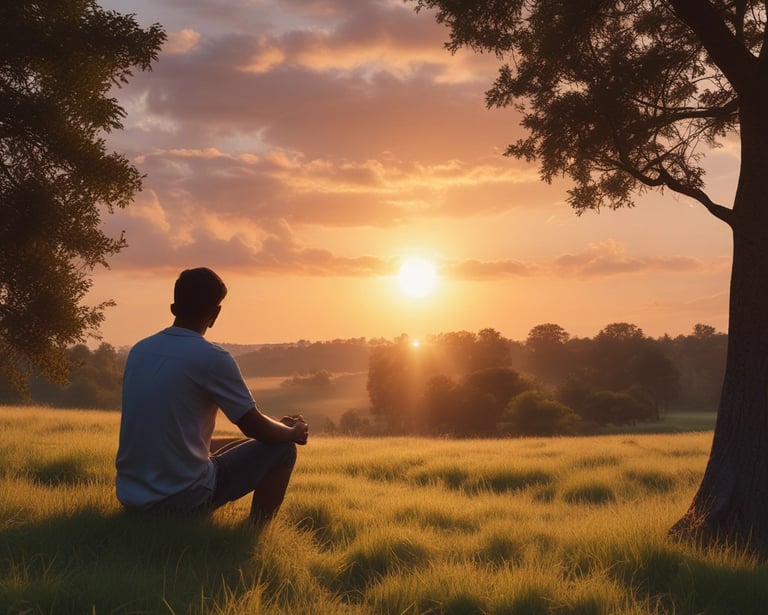 man in white shirt sitting on green grass field during sunset
