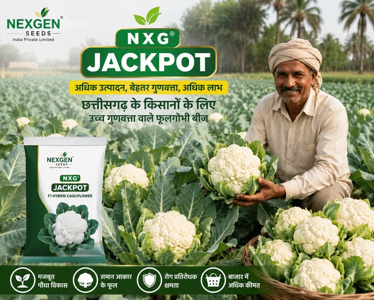A smiling Indian farmer harvesting fresh cauliflower with Nexgen Seeds NXG Jackpot hybrid cauliflower seeds.