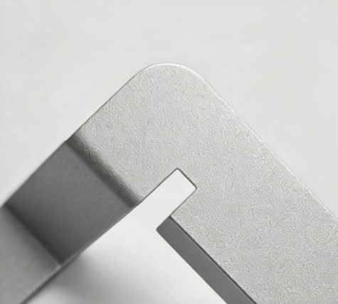 Close-up of a matte silver anodized aluminum bracket with rounded corners and a precision notch.