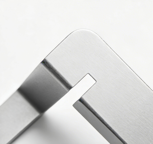 Close-up of a brushed stainless steel bracket with a precision-cut notch and rounded corners.