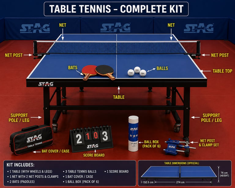 A complete Stag table tennis kit featuring a blue indoor ping pong table with paddles, balls, and net.